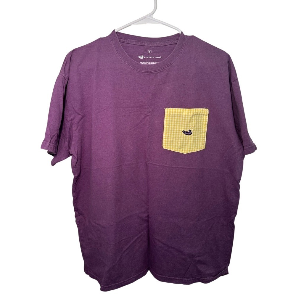Southern Marsh Stewart Pocket Tee Iris Purple Yellow Gingham Mens Large T-Shirt